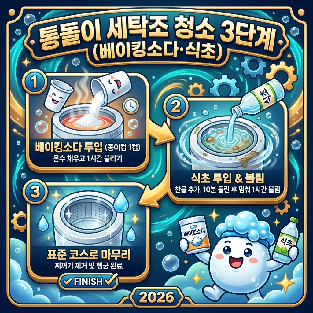 통돌이 세탁조를 베이킹소다와 식초로 청소하는 3단계 과정을 보여주는 상세 인포그래픽. 각 단계별로 필요한 재료와 방법을 명확한 아이콘과 설명으로 안내하며, 간편한 청소 과정을 강조합니다.