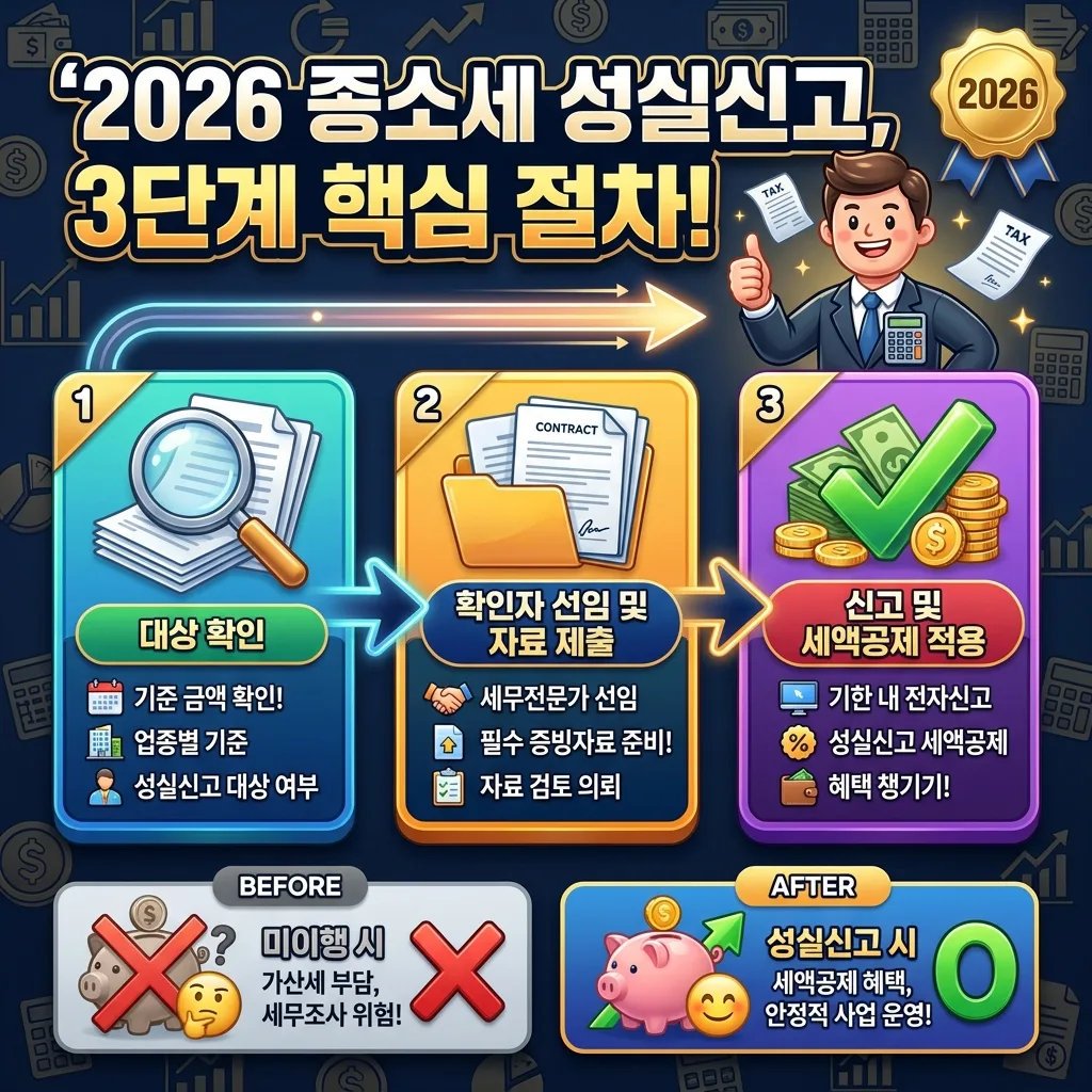 2026년 종합소득세 성실신고의 핵심 절차 3단계를 시각적으로 명확하게 보여주는 인포그래픽 포스터. 대상 확인, 확인자 선임 및 자료 제출, 신고 및 세액공제 적용의 각 단계를 아이콘과 함께 친근한 캐릭터가 설명하고 있습니다.