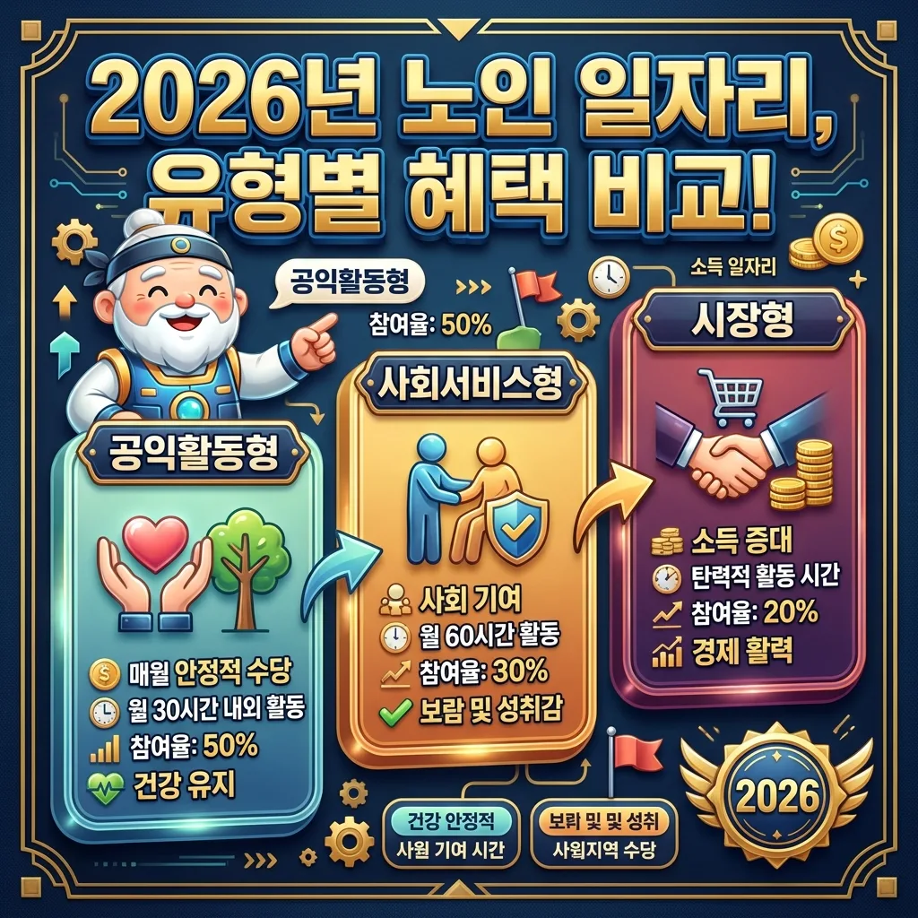 2026년 노인 일자리 유형별 지원금 혜택을 비교하는 인포그래픽 포스터. 공익활동형, 사회서비스형, 시장형 등 주요 일자리 유형별 특징과 이점을 아이콘과 함께 시각적으로 설명하며, 친근한 캐릭터와 '2026' 배지가 포함되어 있습니다.