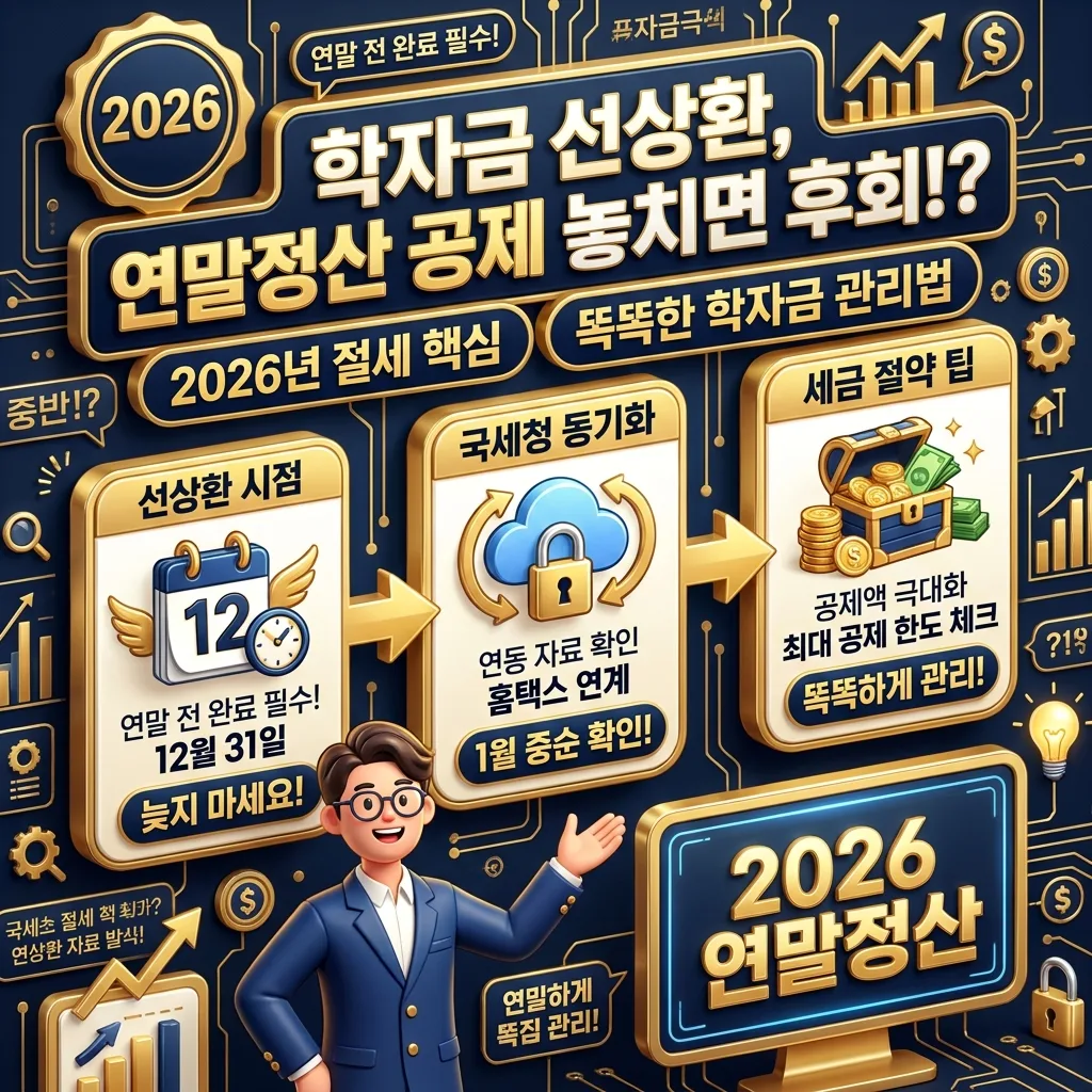 2026년 학자금 대출 선상환 금액이 한국장학재단에서 국세청 연말정산 간소화 서비스에 반영되는 표준 타임라인을 시각화한 정보성 포스터. 각 단계별 처리 시점과 주요 절차가 친근한 캐릭터와 함께 상세히 설명되어 있습니다.