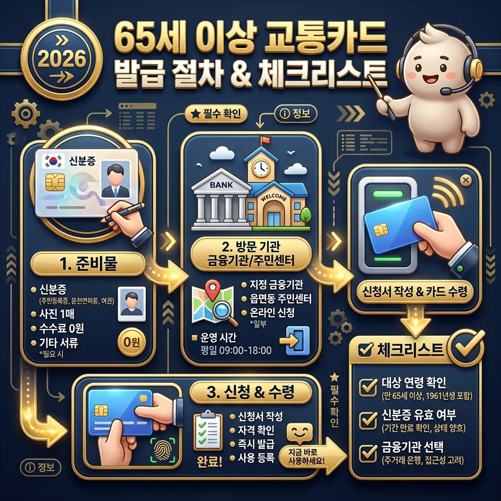 2026년 65세 이상 교통카드 발급 절차와 확인 사항을 보여주는 인포그래픽 포스터. '준비물', '방문 기관', '신청 & 수령'의 3단계 발급 절차가 화살표와 아이콘으로 시각화되어 있습니다. 또한 대상 연령, 신분증 유효 여부, 금융기관 선택 등 신청 전 확인해야 할 체크리스트도 함께 제시됩니다. 3D 캐릭터가 절차를 안내합니다.