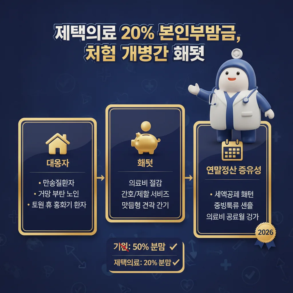 2026년 재택의료 20% 본인부담금의 핵심 개념과 주요 혜택, 그리고 연말정산 시 중요성을 시각화한 정보성 포스터.