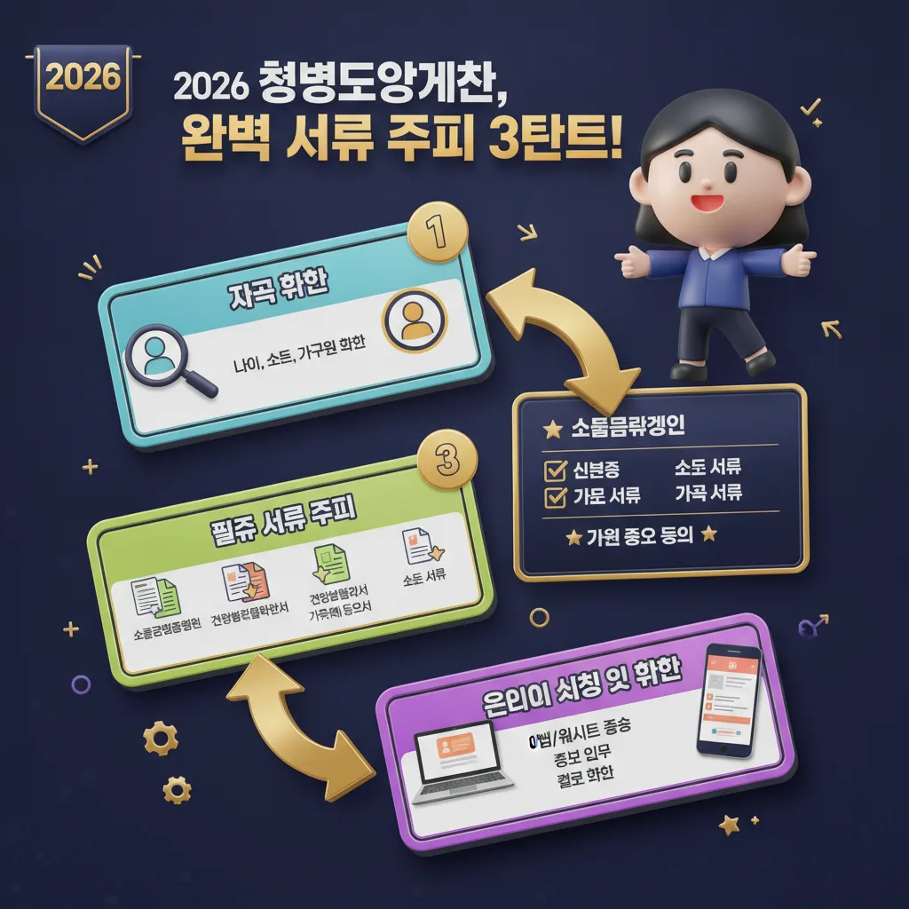 2026년 청년도약계좌 가입을 위한 완벽한 서류 준비 3단계를 시각적으로 보여주는 꽉 찬 인포그래픽 포스터. 3D 캐릭터가 자격 확인, 서류 준비, 온라인 신청 및 확인의 각 단계를 아이콘과 함께 설명하며, 소득금액증명원 등 주요 서류가 강조되어 있습니다.