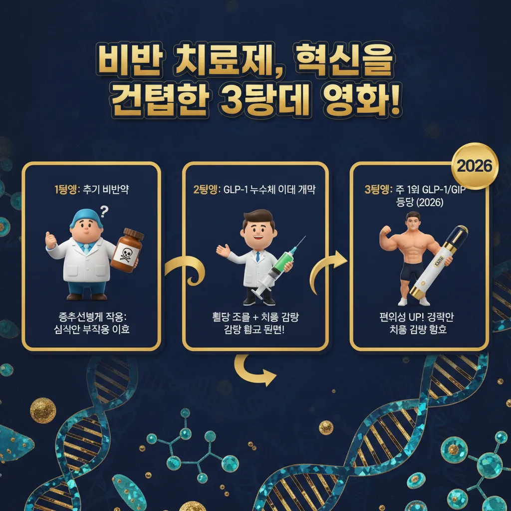 초기 비만 치료제부터 GLP-1 유사체, 그리고 주 1회 GLP-1/GIP 작용제에 이르는 비만 치료제의 세 가지 발전 단계를 시각적으로 보여주는 풍부한 정보의 인포그래픽.
