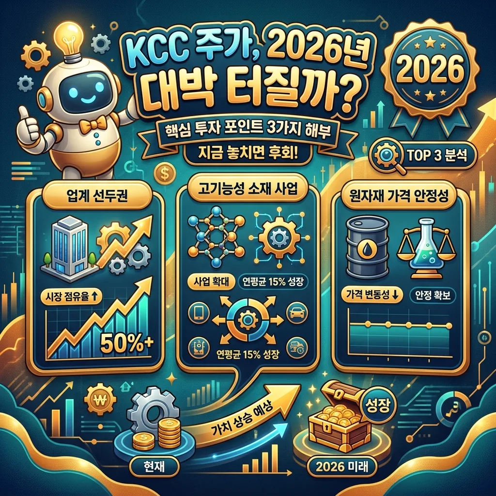 KCC의 2026년 핵심 성장 동력을 분석하는 인포그래픽으로, 'KCC, 2026년 핵심 성장 동력 분석'이라는 한글 제목 아래 건축자재 시장 지배력, 고기능성 소재 투자, 글로벌 시장 확장이라는 세 가지 포인트를 아이콘과 함께 시각화한 그림입니다. 3D 캐릭터와 2026년 배지가 포함됩니다.