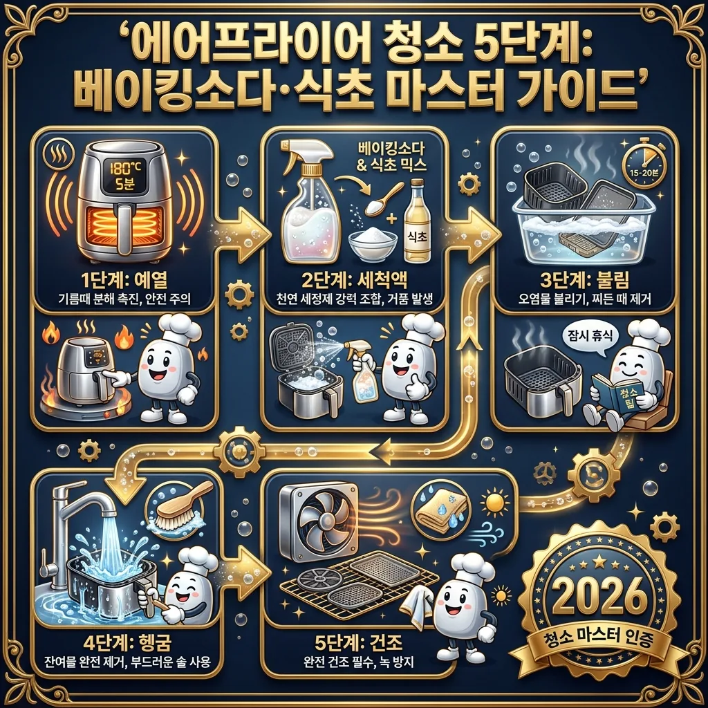 베이킹소다와 식초를 활용한 에어프라이어 청소의 5단계 과정을 상세히 보여주는 인포그래픽. 각 단계별 설명과 아이콘, 마스코트가 포함되어 있습니다.