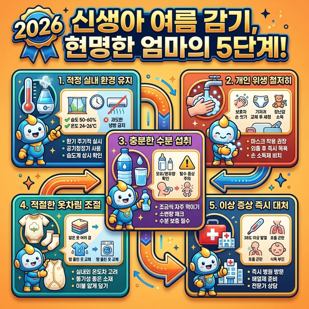 2026년 신생아 여름 감기 예방 및 대처를 위한 5가지 핵심 단계를 순서대로 보여주는 인포그래픽으로, 실내 환경, 위생, 수분 섭취, 옷차림, 증상 대처법을 안내합니다.