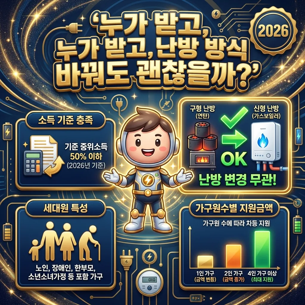 2026년 에너지바우처 신청 절차와 주의사항을 담은 정보성 인포그래픽 포스터. '에너지바우처 신청, 헷갈리지 마세요!'라는 큰 제목 아래, 대상 확인, 신청 방법(온라인/방문), 바우처 사용의 세 단계가 순서대로 제시되어 있다. 신청 전 필수 확인 사항과 에너지바우처의 장단점도 시각적으로 표현되어 이해를 돕는다.