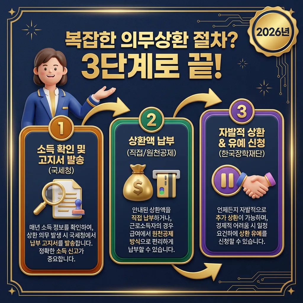 2026년 학자금대출 의무상환의 핵심 개념인 기준소득 2,820만원과 초과분 20%의 상환율을 시각적으로 설명하는 인포그래픽 포스터입니다. 총 소득에서 기준소득을 초과하는 부분에 20%의 상환율이 적용되는 방식을 명확히 보여주며, 친근한 캐릭터가 개념을 쉽게 풀어줍니다.