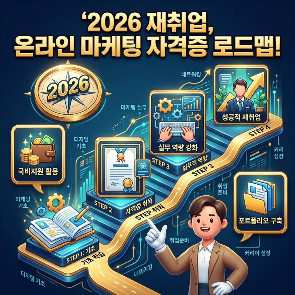 2026년 재취업을 위한 온라인 마케팅 자격증 취득 과정을 로드맵 형태로 시각화한 인포그래픽 포스터입니다. 기초 학습부터 실무 역량 강화, 성공적 재취업까지의 단계와 국비지원 활용, 포트폴리오 구축의 중요성을 친근한 캐릭터와 아이콘으로 보여줍니다.