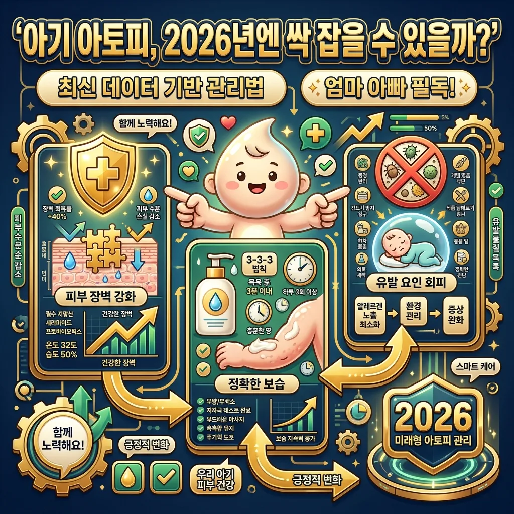 2026년 아기 아토피 피부염 관리에 대한 종합 인포그래픽 포스터. '아기 아토피, 2026년엔 싹 잡을 수 있을까?'라는 후킹 문구와 함께 피부 장벽 강화, 정확한 보습, 유발 요인 회피 등 핵심 관리법을 친근한 캐릭터와 아이콘으로 시각화했습니다.