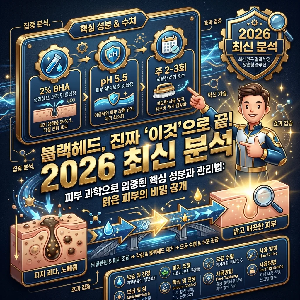 2026년 최신 블랙헤드 제거 방법을 비교 분석하여 가장 효과적인 홈케어 및 피부과 시술 정보를 담은 인포그래픽 포스터입니다. BHA 2%와 건강한 피부 pH 5.5 등 핵심 데이터를 시각화하여 블랙헤드 없는 깨끗한 피부를 위한 노하우를 제공합니다.