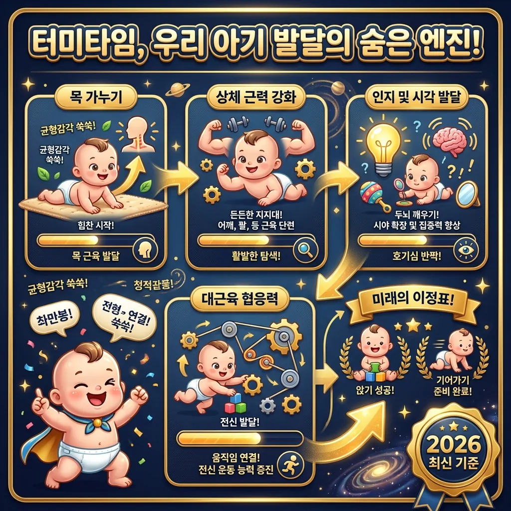 터미타임을 통해 신생아가 목 가누기, 상체 근력, 인지 및 시각 발달, 대근육 협응력을 어떻게 향상시키는지 시각적으로 설명하는 정보성 인포그래픽.