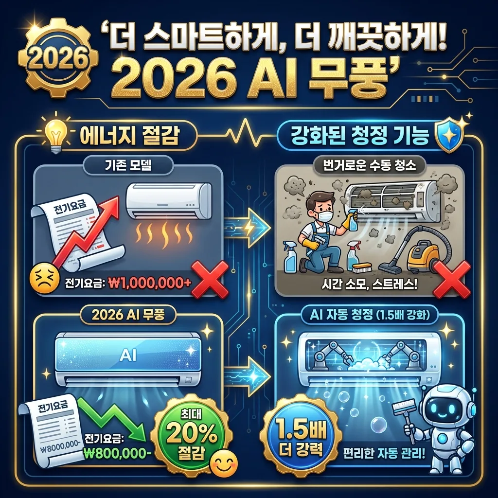 2026년 삼성 AI 무풍에어컨의 핵심 기능인 에너지 절감 효과와 강화된 AI 자동 청정 기능을 비교 시각화한 정보성 이미지