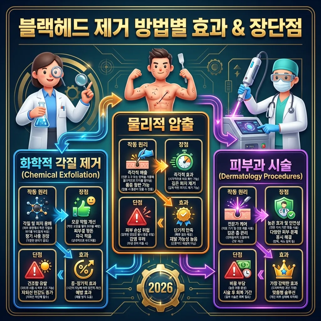 화학적 각질 제거, 물리적 압출, 피부과 시술 등 주요 블랙헤드 제거 방법들의 효과와 장단점을 비교 분석하여 시각화한 인포그래픽으로, 각 방법의 특징과 주의사항을 한눈에 파악할 수 있도록 돕습니다.