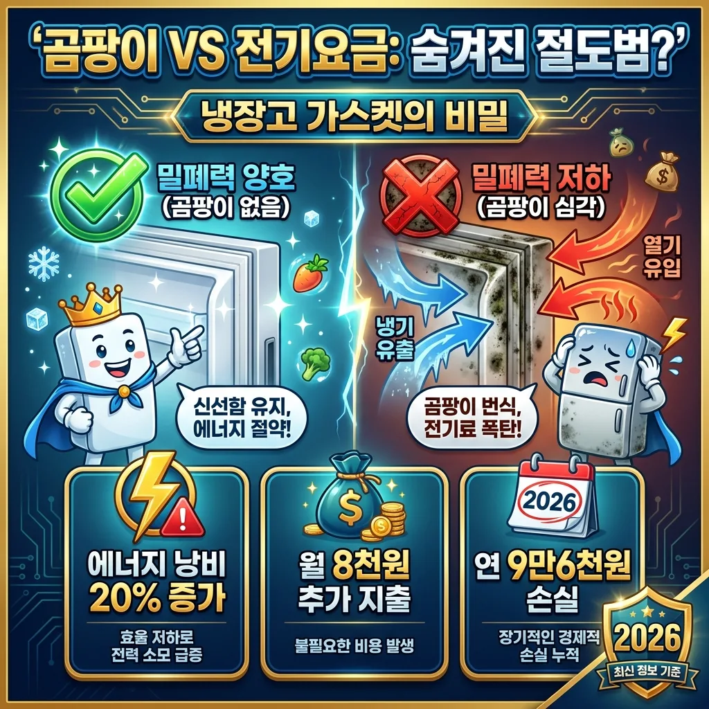 냉장고 고무패킹의 곰팡이가 밀폐력 저하를 유발하여 2026년 기준 전기요금 손실로 이어지는 원리와 재정적 영향을 시각적으로 비교 설명하는 인포그래픽.