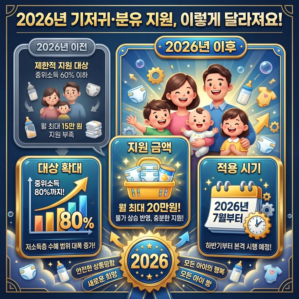 2026년 기저귀&middot;조제분유 지원금 신청부터 자격 심사, 포인트 지급까지의 3단계 타임라인을 보여주는 정보성 인포그래픽 포스터입니다.