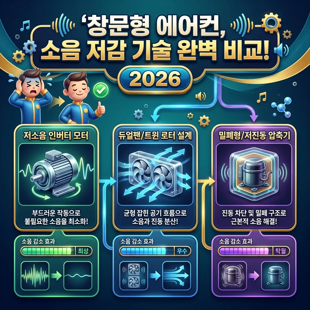 2026년 창문형 에어컨에 적용된 다양한 소음 저감 기술을 비교하는 인포그래픽 포스터. 저소음 인버터 모터, 듀얼팬 설계, 밀폐형 압축기 등 핵심 기술별 특징과 소음 감소 효과를 아이콘과 함께 시각적으로 설명합니다.
