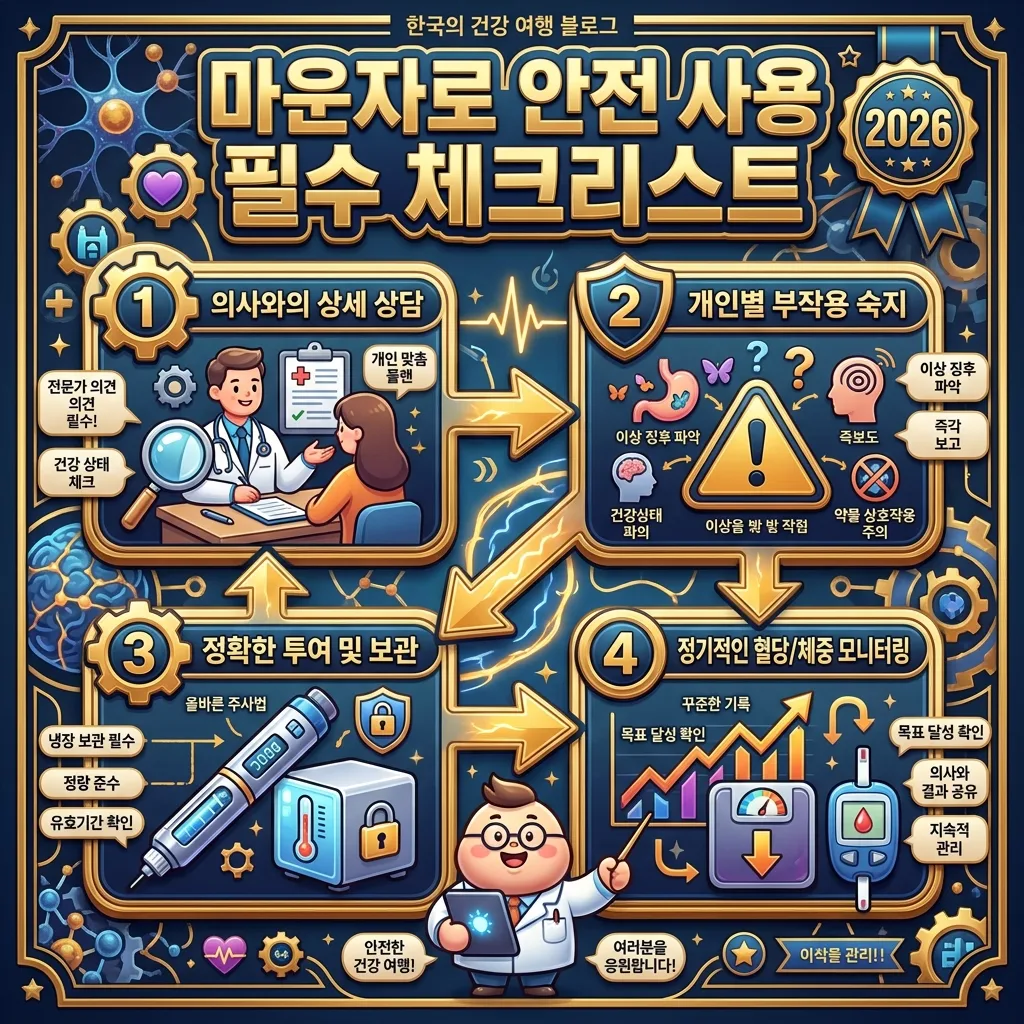 마운자로를 안전하게 사용하기 위한 필수 체크리스트를 담은 2026년 최신 정보 인포그래픽 포스터. 의사 상담, 부작용 숙지, 정확한 투여, 모니터링 등 중요한 단계를 귀여운 마스코트와 아이콘으로 안내합니다.