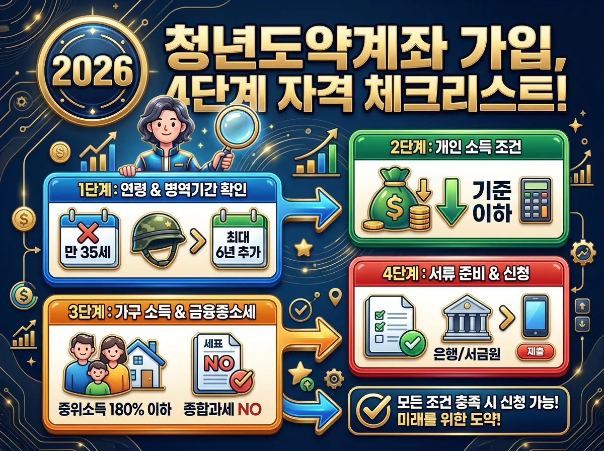 2026년 청년도약계좌의 놓칠 수 없는 핵심 혜택 3가지를 보여주는 강렬한 인포그래픽 포스터. 최대 6%의 정부 기여금 비과세 효과, 5년 만기 시 5천만원 이상 예상 적립금, 든든한 자산 형성 지원을 각각의 정보 카드와 아이콘으로 강조하여 시각적으로 매력적인 정보를 제공한다.