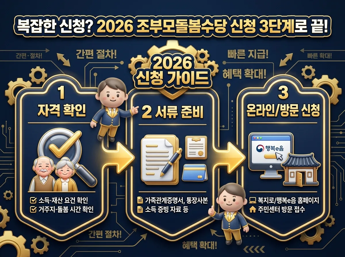 2026년 조부모돌봄수당의 지역별 차이와 우리 동네의 예상 지원금을 비교하는 상세 인포그래픽 포스터. 서울, 경기, 기타 지역의 상대적 지원 수준을 시각적으로 보여주며, 친근한 캐릭터가 지역별 정보를 안내합니다.