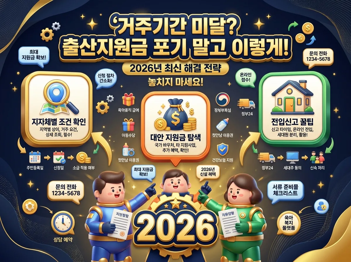 2026년 출산지원금 거주기간 조건 미달 시 확인해야 할 3단계 대처 방안과 해결 전략을 시각적으로 보여주는 인포그래픽.