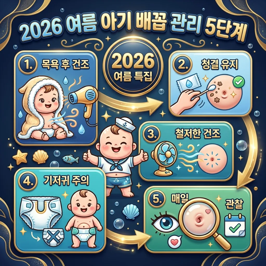 2026년 여름 아기 배꼽을 안전하게 관리하는 5가지 핵심 단계를 상세히 보여주는 인포그래픽 포스터. '2026 여름 아기 배꼽 관리 5단계' 헤더 아래, 목욕 후 건조, 청결 유지, 철저한 건조, 기저귀 착용 시 주의, 매일 관찰 등 각 단계를 번호, 짧은 한글 라벨, 그리고 직관적인 아이콘으로 시각화했습니다. 각 단계는 화살표로 연결되어 흐름을 보여주며, 꽉 찬 정보성 디자인으로 구성되어 있습니다.