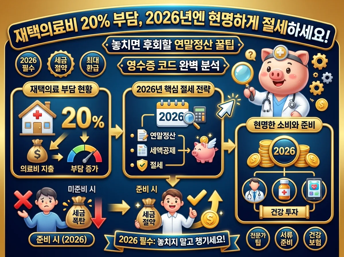 2026년 재택의료비 20% 본인부담금을 현명하게 절세하는 방법을 안내하는, 연말정산 꿀팁과 영수증 코드를 강조하는 정보성 인포그래픽 포스터.