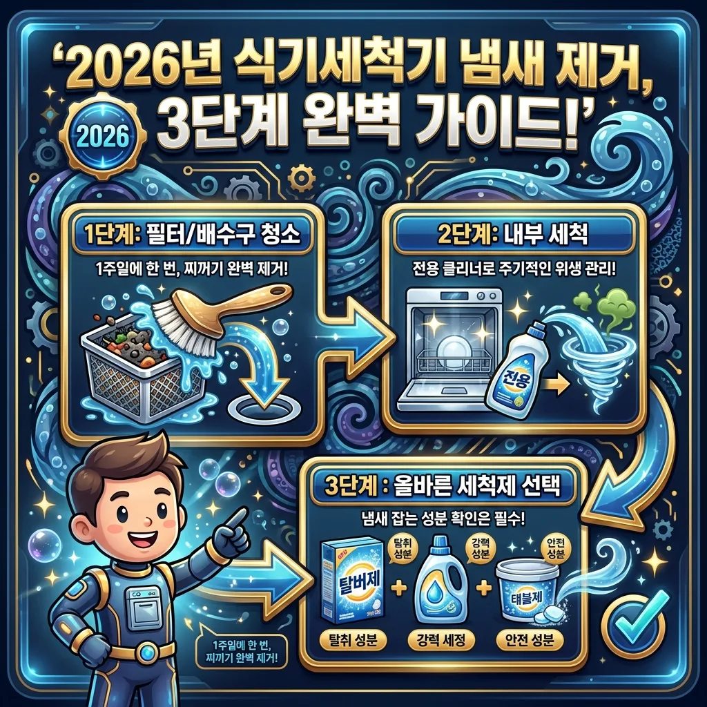 2026년 식기세척기 냄새를 제거하기 위한 세 단계 관리법을 시각화한 인포그래픽으로, 필터 청소, 내부 세척, 세척제 선택의 중요성을 강조합니다.