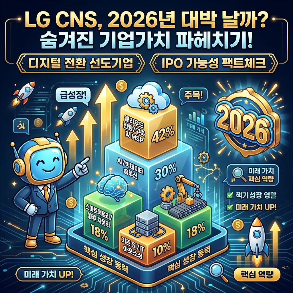 LG CNS의 2026년 핵심 성장 동력을 클라우드, AI, 스마트팩토리, SI/IT 아웃소싱으로 나누어 각 비중과 특징을 설명하는 인포그래픽 포스터입니다.