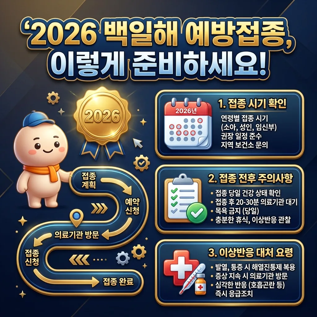2026년 백일해 예방접종을 위한 준비 과정을 담은 인포그래픽으로, 접종 시기 확인, 접종 전후 주의사항, 이상반응 대처 요령 세 가지 단계를 명확하게 안내합니다.