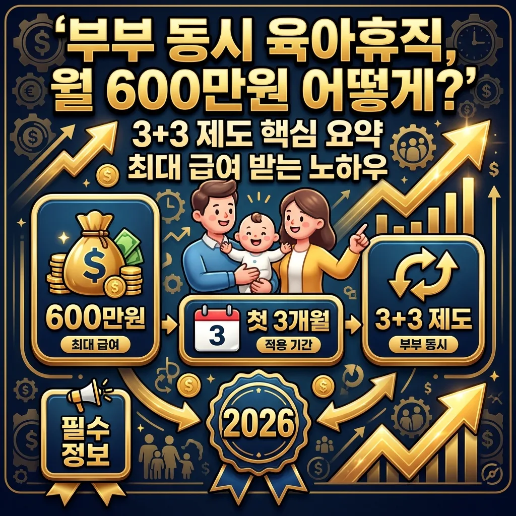 2026년 3+3 부모육아휴직제의 핵심 혜택을 시각적으로 설명하는 인포그래픽 포스터입니다. 부부가 각자 월 최대 300만원씩 3개월간 동시 사용하는 개념을 보여줍니다.