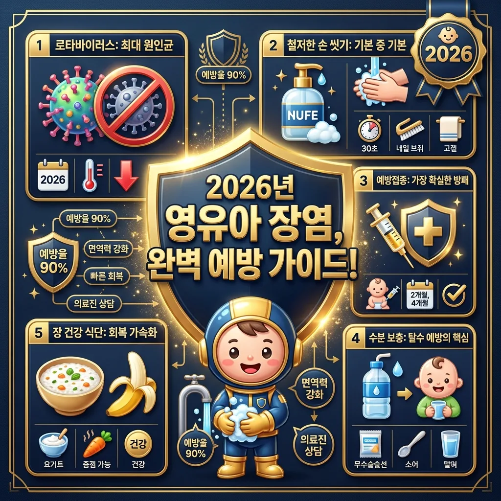 2026년 영유아 여름 장염을 완벽하게 예방하기 위한 가이드를 담은 인포그래픽 포스터입니다. 로타바이러스의 위험성, 손 씻기, 예방접종, 적절한 수분 보충, 그리고 장 건강 식단의 중요성을 강조합니다.