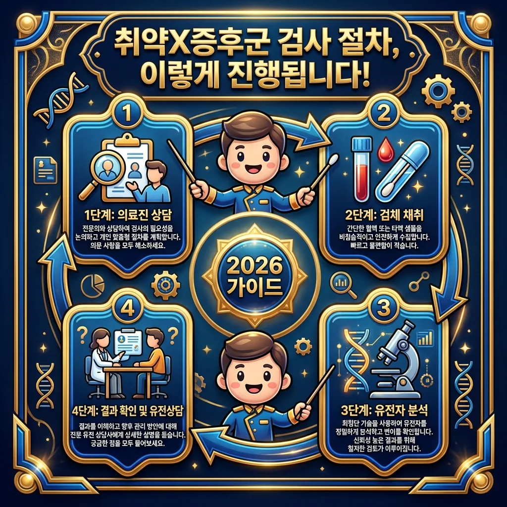 2026년 취약X증후군 검사 절차를 안내하는 인포그래픽. 상담, 검체 채취, 유전자 분석, 결과 확인 및 유전 상담 과정을 번호와 아이콘, 한글 설명으로 시각화하며, 친근한 캐릭터가 흐름을 안내합니다.
