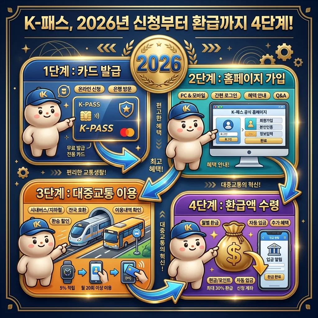 2026년 K-패스 신청부터 환급까지의 4단계 과정을 인포그래픽으로 시각화한 포스터. 카드 발급, 홈페이지 가입, 대중교통 이용, 환급액 수령의 각 단계를 아이콘과 함께 명확히 보여주며, 친근한 캐릭터가 안내하고 있다.
