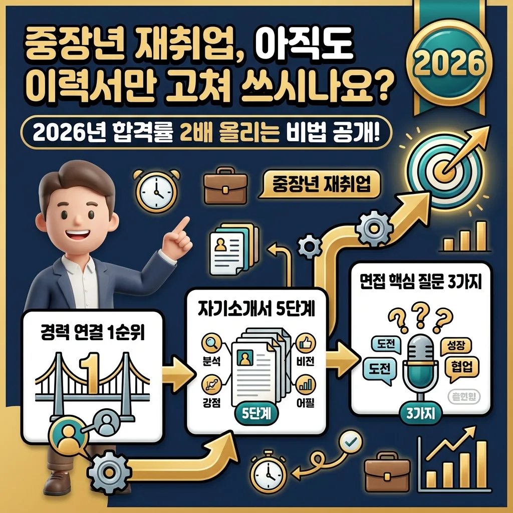 2026년 중장년 재취업 시장의 핵심 전략을 담은 인포그래픽 포스터. 합격률을 높이는 면접과 자기소개서 비법을 알려주는 친근한 캐릭터가 등장합니다.