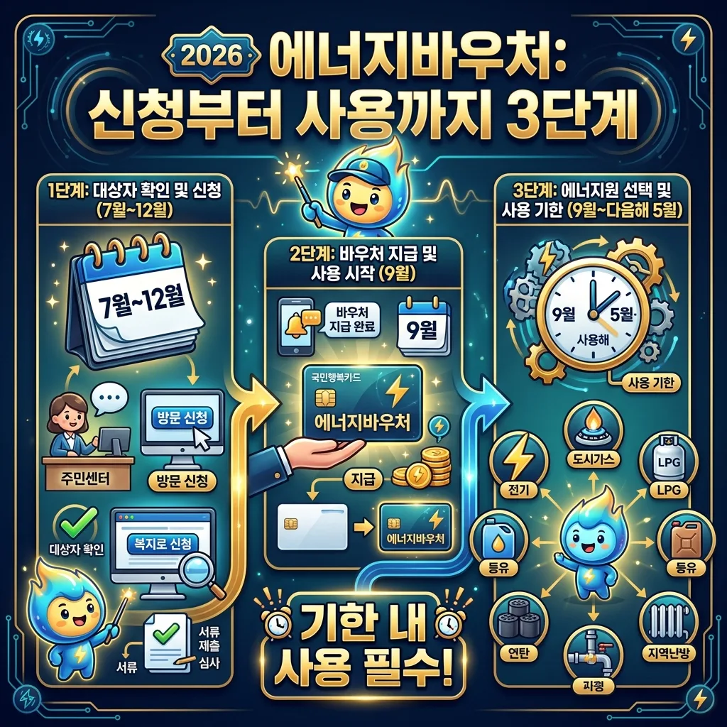 2026년 에너지바우처가 LPG 연료비는 지원하지만 배달료는 제외됨을 명확히 비교하는 인포그래픽. 전기, 도시가스 등 주요 에너지원별 지원 방식과 특징을 한눈에 볼 수 있도록 구성되어 있다.