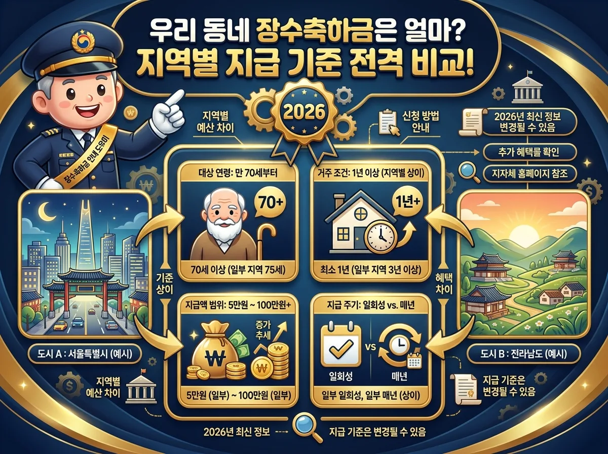 2026년 장수축하금을 똑똑하게 신청하는 4단계 전략을 보여주는 인포그래픽 포스터. 친근한 어르신 캐릭터가 거주지 기준 확인, 필요 서류 준비, 방문/온라인 신청, 심사 및 결과 확인 과정을 순서대로 안내하며, 신청 전 필수 체크리스트도 함께 제공합니다.