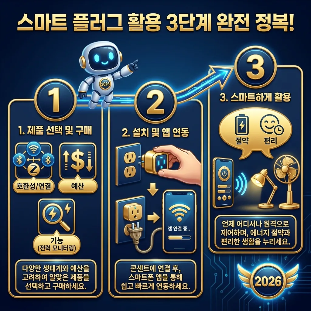 스마트 플러그를 선택하고 구매하는 1단계부터 설치 및 앱 연동 2단계, 그리고 스마트하게 활용하는 3단계까지를 안내하는 정보성 포스터입니다.