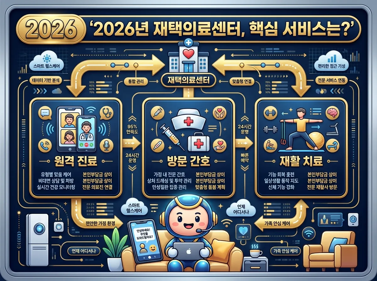 2026년 재택의료 본인부담금 실비보험 청구 절차를 3단계로 요약한 인포그래픽. 서류 준비, 보험사 신청, 보험금 지급 과정을 명확한 아이콘과 한글 설명으로 보여줍니다.