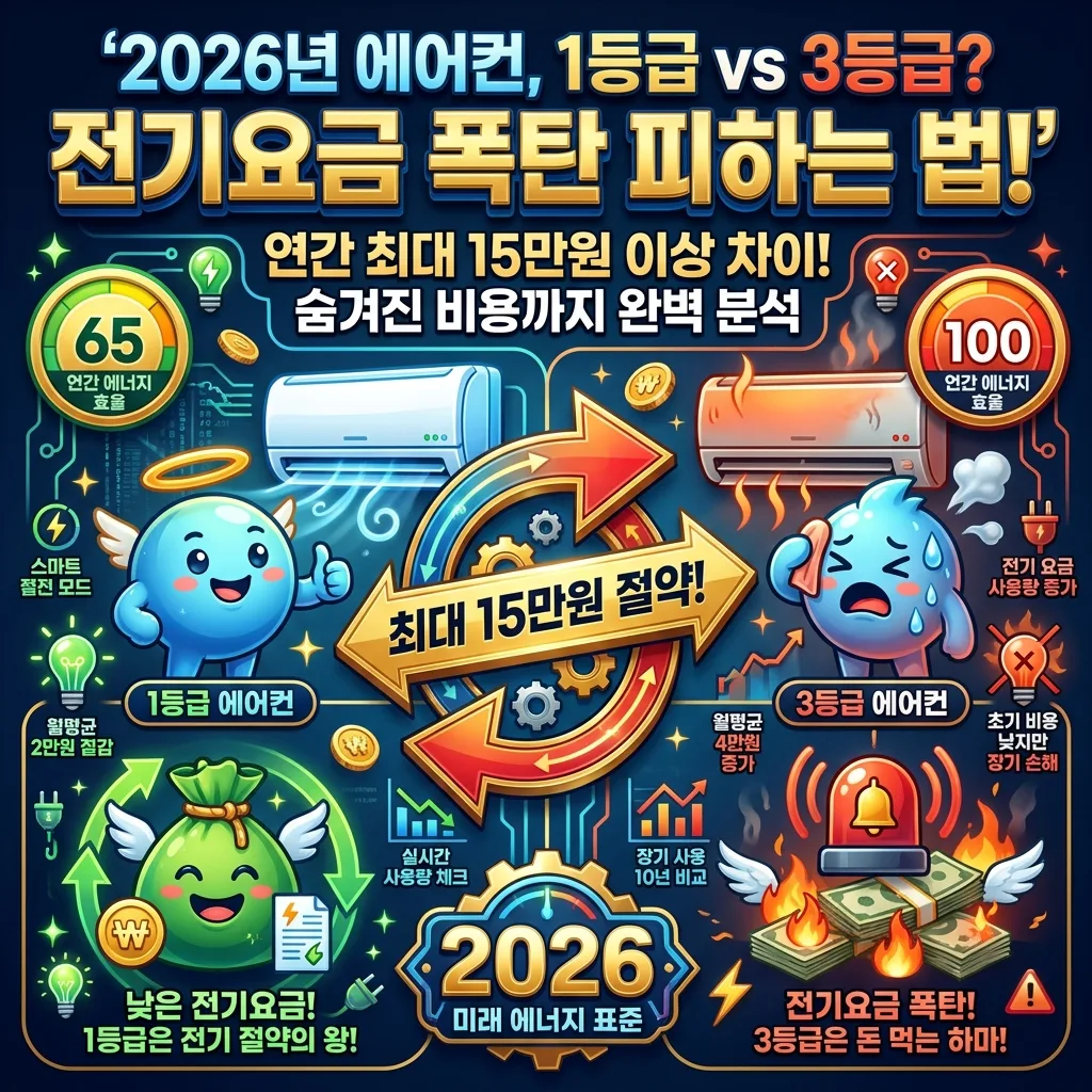 2026년 에어컨 구매 가이드를 다룬 강렬한 인포그래픽 포스터. 1등급과 3등급 에어컨의 연간 전기요금 차이가 15만원 이상임을 강조하며, 전기요금 폭탄을 피하는 구매 전략을 제시한다. 친근한 캐릭터가 1등급 에어컨 옆에서 웃고 3등급 에어컨 옆에서 땀 흘리는 모습으로 등급별 차이를 시각화했다. '2026'년도 배지가 포함되어 있다.
