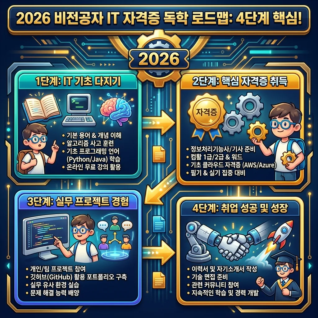 2026년 비전공자를 위한 IT 자격증 독학 로드맵 4단계를 시각화한 인포그래픽. IT 기초 다지기, 핵심 자격증 취득, 실무 프로젝트 경험, 취업 성공 및 성장 단계가 각기 다른 아이콘과 한글 설명으로 표현되어 있다.