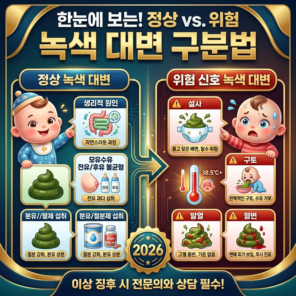 신생아의 정상 녹색 대변과 즉시 병원 진료가 필요한 위험 신호 녹색 대변의 특징을 한눈에 비교하여 보여주는 정보성 인포그래픽 포스터.