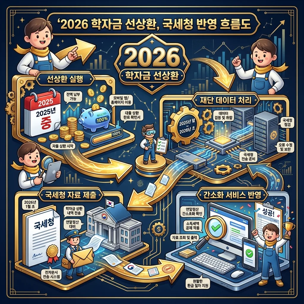 2026년 학자금 선상환과 연말정산 교육비 세액공제에 대한 일반적인 오해와 정확한 사실을 비교하여 설명하는 정보성 포스터. 선상환 금액 자체가 공제 대상이 아님을 명확히 하고, 실제 교육비 공제의 기준과 필요성을 친근한 캐릭터가 알려줍니다.