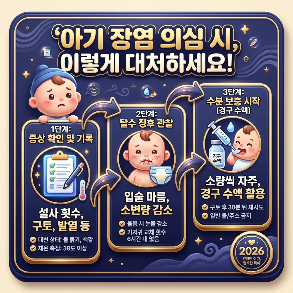 2026년 기준 아기 장염 의심 시 부모가 취해야 할 초기 대처 3단계와 탈수 예방 수칙을 안내하는 인포그래픽 포스터입니다. 증상 확인 및 기록, 탈수 징후 관찰, 경구 수액을 통한 수분 보충 등 핵심 단계를 번호와 아이콘, 한글 설명을 통해 시각적으로 명확하게 전달하여 실질적인 도움을 제공합니다.