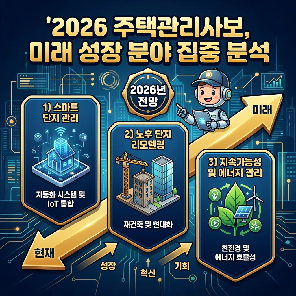 2026년 주택관리사보의 미래 성장 분야를 분석한 역동적인 인포그래픽. 스마트 단지 관리, 노후 단지 리모델링, 지속가능성 및 에너지 관리 트렌드를 강조하며 미래 전망을 제시합니다.