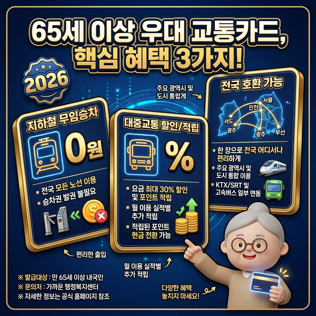 2026년 65세 이상 우대용 교통카드의 세 가지 핵심 혜택을 보여주는 인포그래픽 포스터. '지하철 무임승차', '대중교통 할인/적립', '전국 호환 가능'이라는 주요 혜택이 아이콘과 함께 명확하게 제시되어 있습니다. 3D 캐릭터가 혜택을 가리키며 설명을 돕고 있습니다.