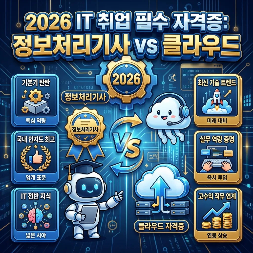 2026년 IT 취업에 필수적인 정보처리기사와 클라우드 자격증의 중요성을 비교한 인포그래픽 포스터. 각 자격증의 주요 특징과 혜택(기본기, 국내 인지도, 최신 트렌드, 실무 역량 등)이 아이콘과 한글 설명으로 강조되어 있다.