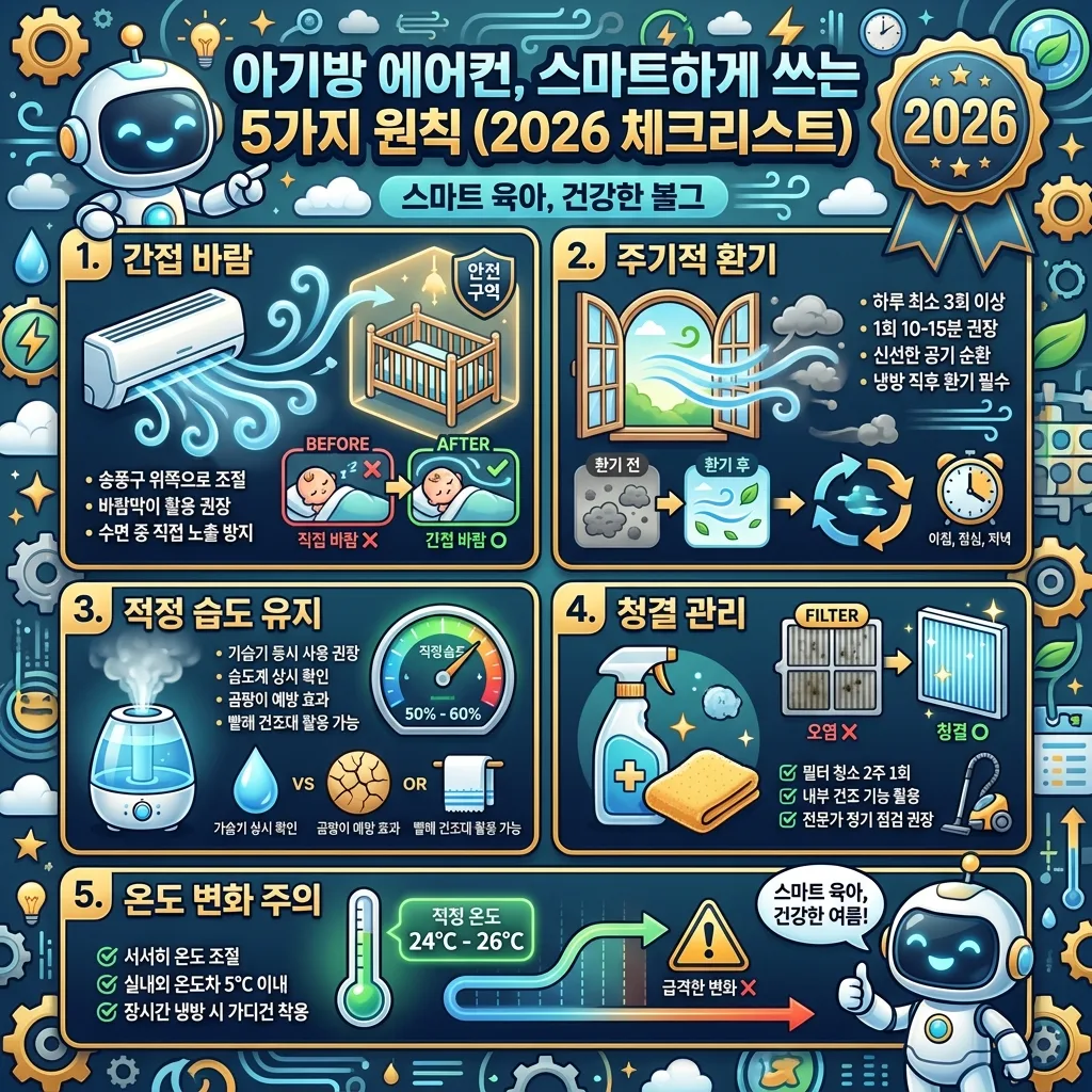 2026년 아기방 에어컨 스마트 사용 5가지 원칙을 담은 인포그래픽. 간접 바람, 주기적 환기, 적정 습도 유지, 청결 관리, 온도 변화 주의 원칙이 각 아이콘과 함께 상세히 설명되어 있습니다. '2026 체크리스트'가 포함된 유용한 정보 포스터입니다.