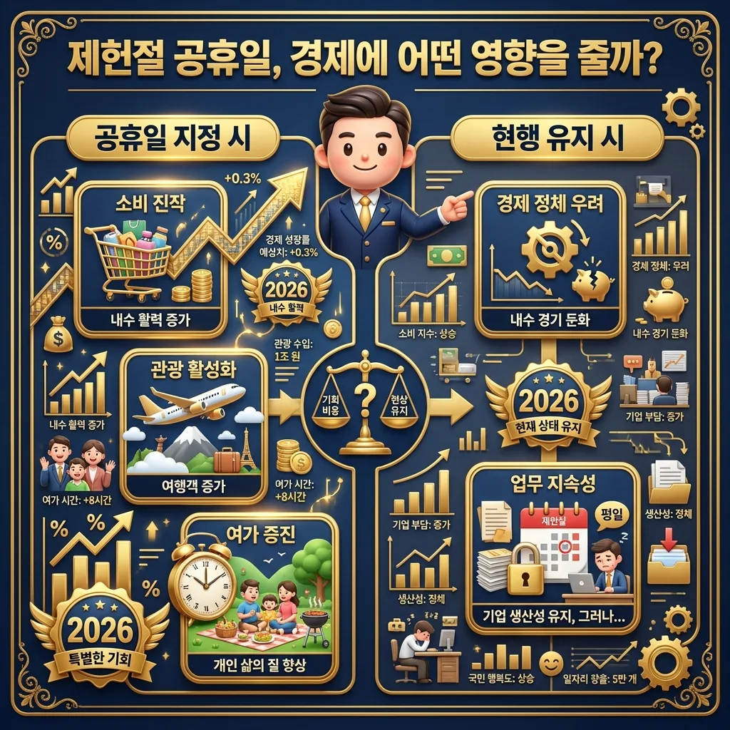 2026년 제헌절 공휴일 부활에 대비한 개인의 현명한 휴가 전략을 제시하는 인포그래픽 포스터. '제헌절 공휴일 부활! 개인의 현명한 휴가 전략은?'이라는 헤더 아래, 공휴일 확정 확인, 사전 휴가 계획, 재정 계획, 대체공휴일 이해, 일정 조율 등 다섯 가지 준비 단계를 아이콘과 한글 설명으로 명확하게 보여준다. 즐겁게 계획하는 3D 캐릭터와 '2026' 배지가 포함되어 있다.